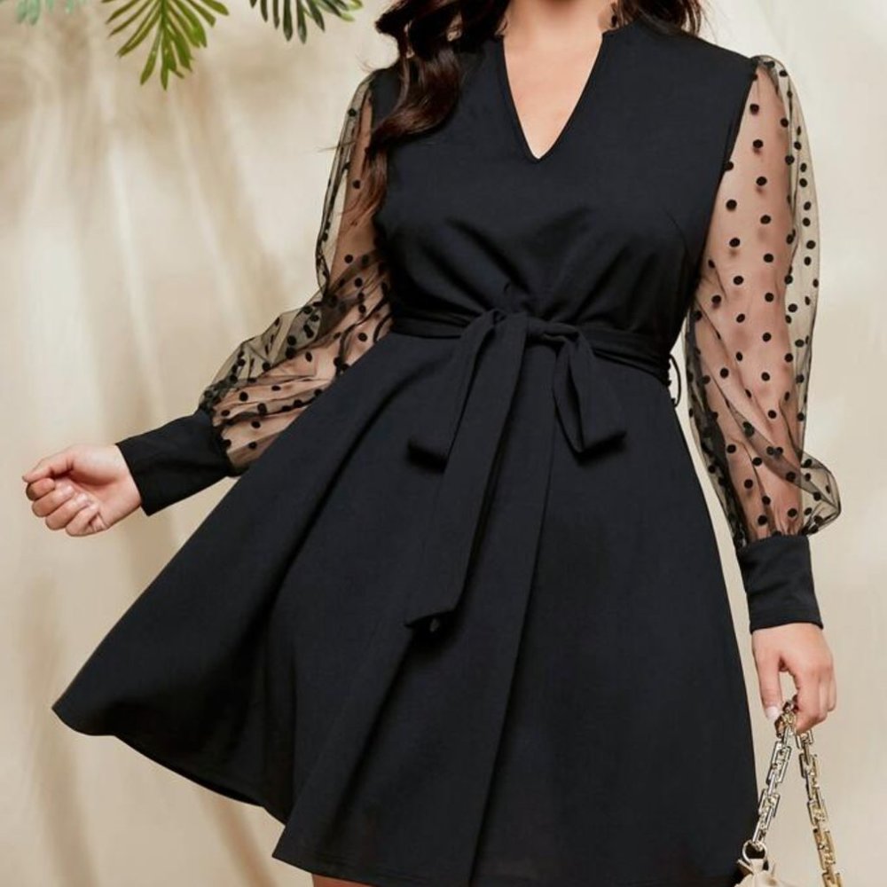Plus Notch Neck Dobby Mesh Lantern Sleeve Belted dress